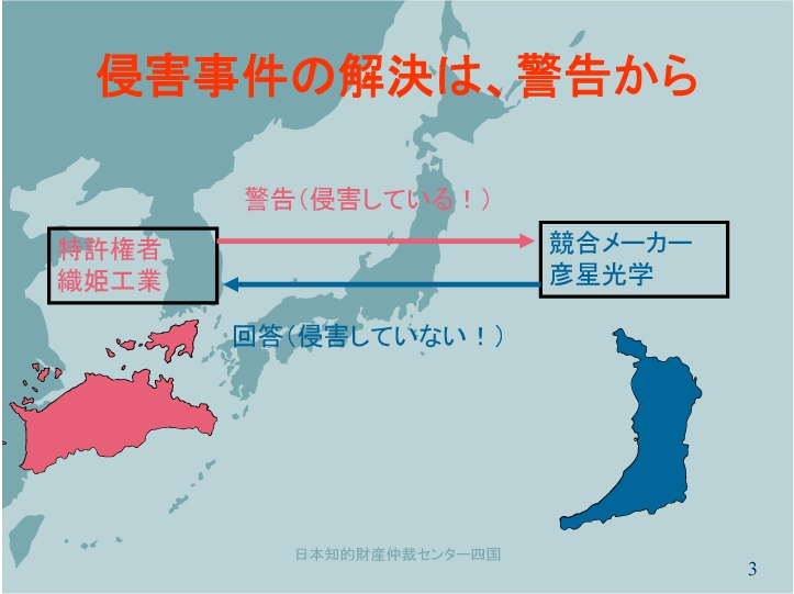 織姫工業からの警告（侵害している）と、彦星からの回答（侵害無し）